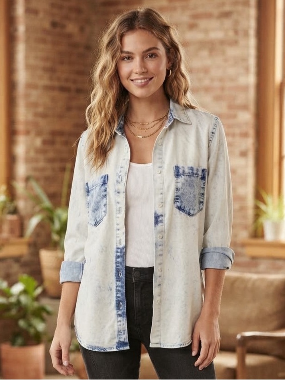 Thread & Supply Acid Wash Button Down Shirt, Light Blue, Size L